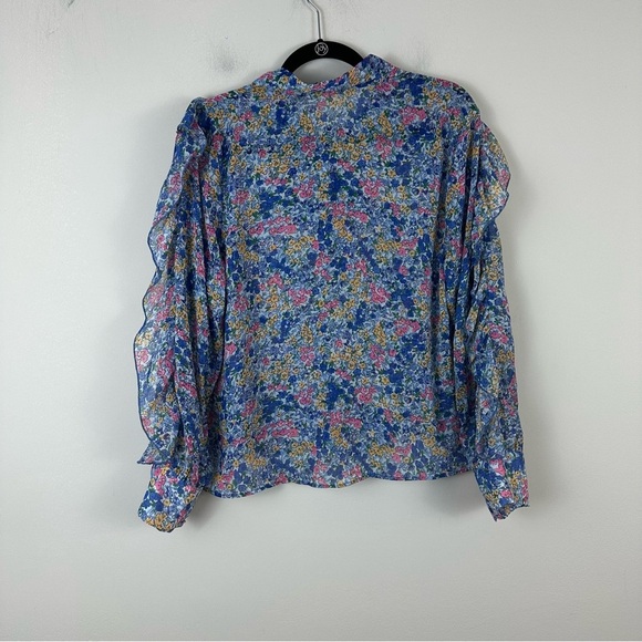 Zara | Blue Multicolor Ruffle Tie Neck Floral Blouse Size Large - Picture 4 of 6